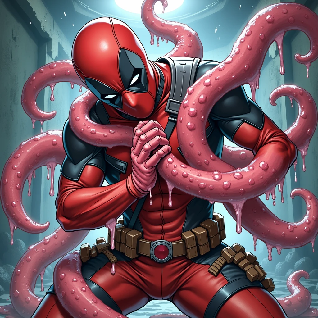 Marvel Heroes, Deadpool, Tentacle entanglement, uniform, Binding hands togethe, Foreign object invasion, monster breeding, wet, slime, tentacles, slimy tentacles, monster and human breeding, Tentacles wrapped around the body, Insert tentacles into the body