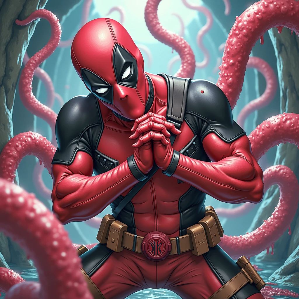 Marvel Heroes, Deadpool, Tentacle entanglement, uniform, Binding hands togethe, Foreign object invasion, monster breeding, wet, slime, tentacles, slimy tentacles, monster and human breeding, Tentacles wrapped around the body, Insert tentacles into the body