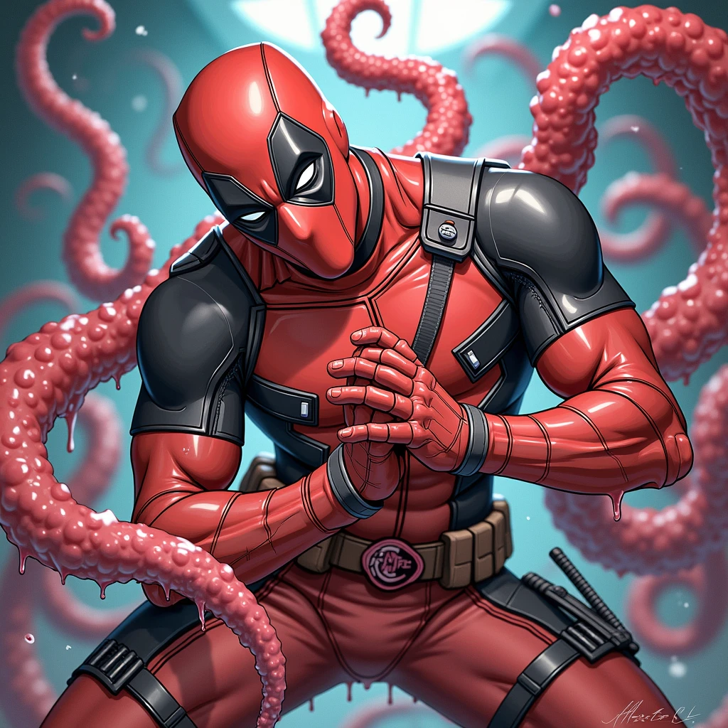 Marvel Heroes, Deadpool, Tentacle entanglement, uniform, Binding hands togethe, Foreign object invasion, monster breeding, wet, slime, tentacles, slimy tentacles, monster and human breeding, Tentacles wrapped around the body, Insert tentacles into the body