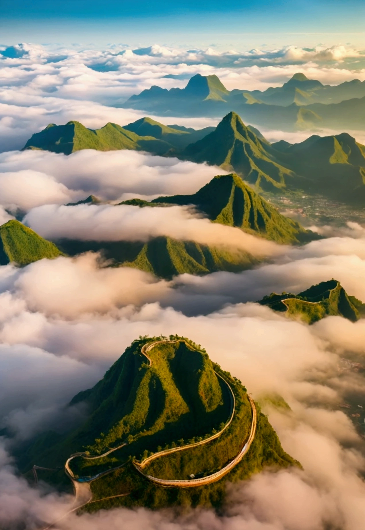 Beautiful natural scenery of China, sồng, hồ, mountain, cloud, mystical beauty, Aerial view.