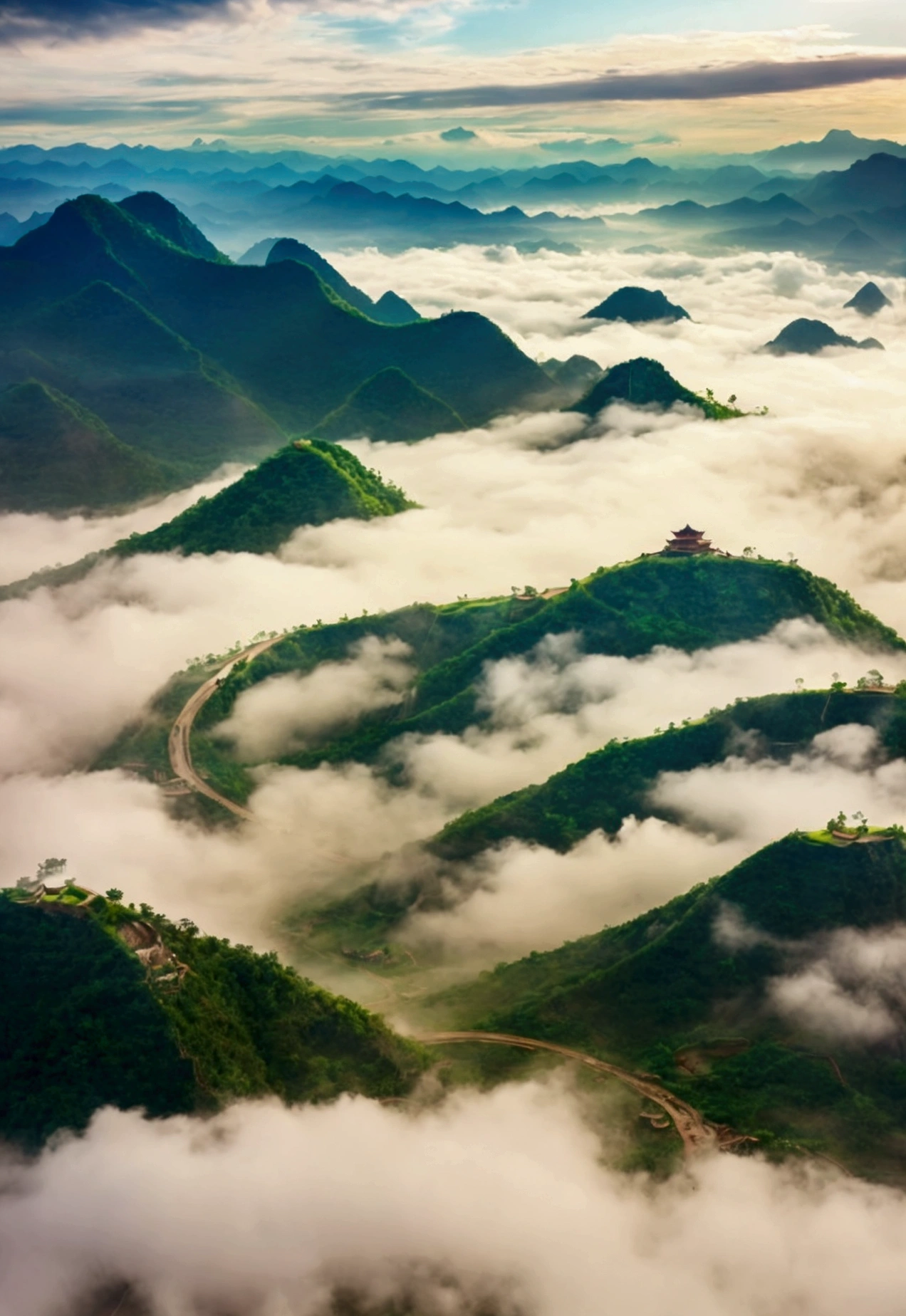 Beautiful natural scenery of China, sồng, hồ, mountain, cloud, mystical beauty, Aerial view.