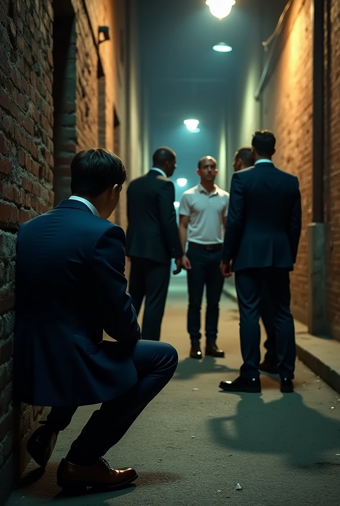 Believe me, a young man dressed in elegant clothes in a dark city , hiding while scared watching 3 men in black jackets and black pants hitting 1 man in a white polo shirt and black pants, black and white style