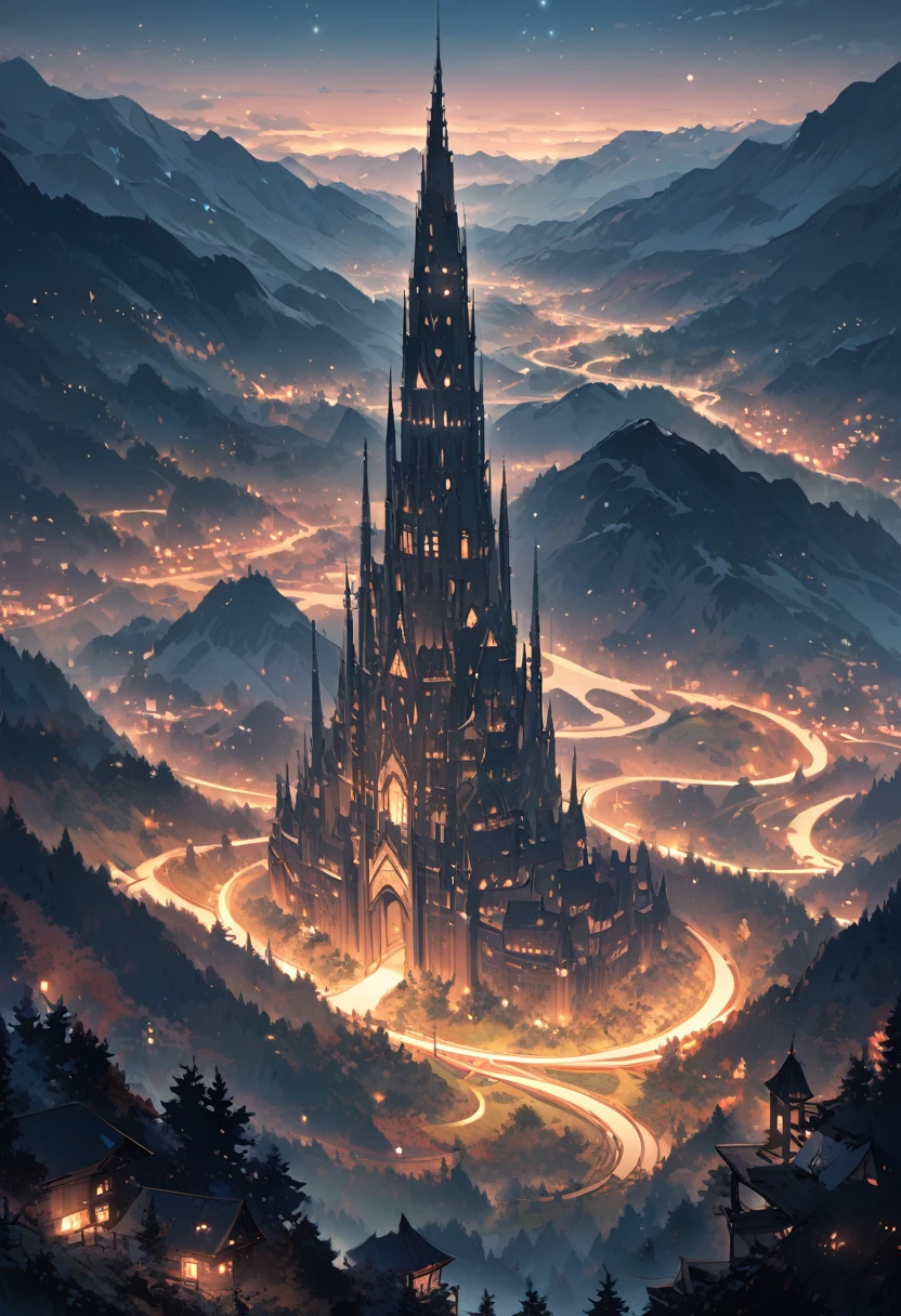 a tall tower in the middle of a valley, soft colors, night, high resolution, detailed, artwork