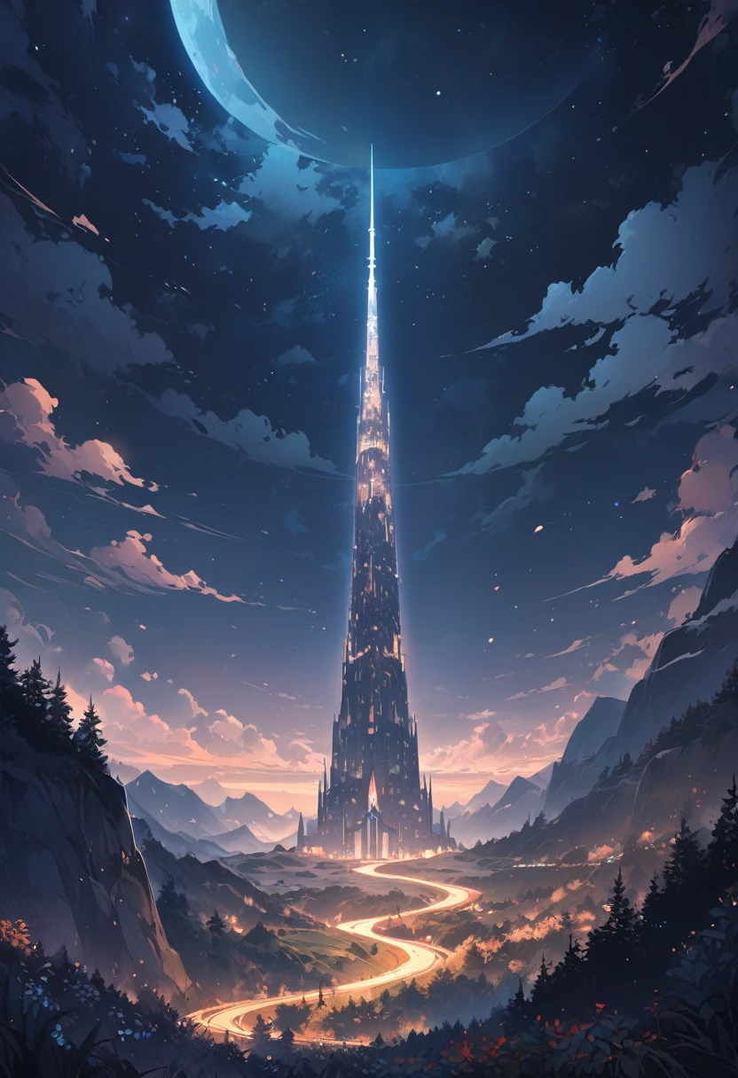 a tall tower in the middle of a valley, soft colors, night, high resolution, detailed, artwork