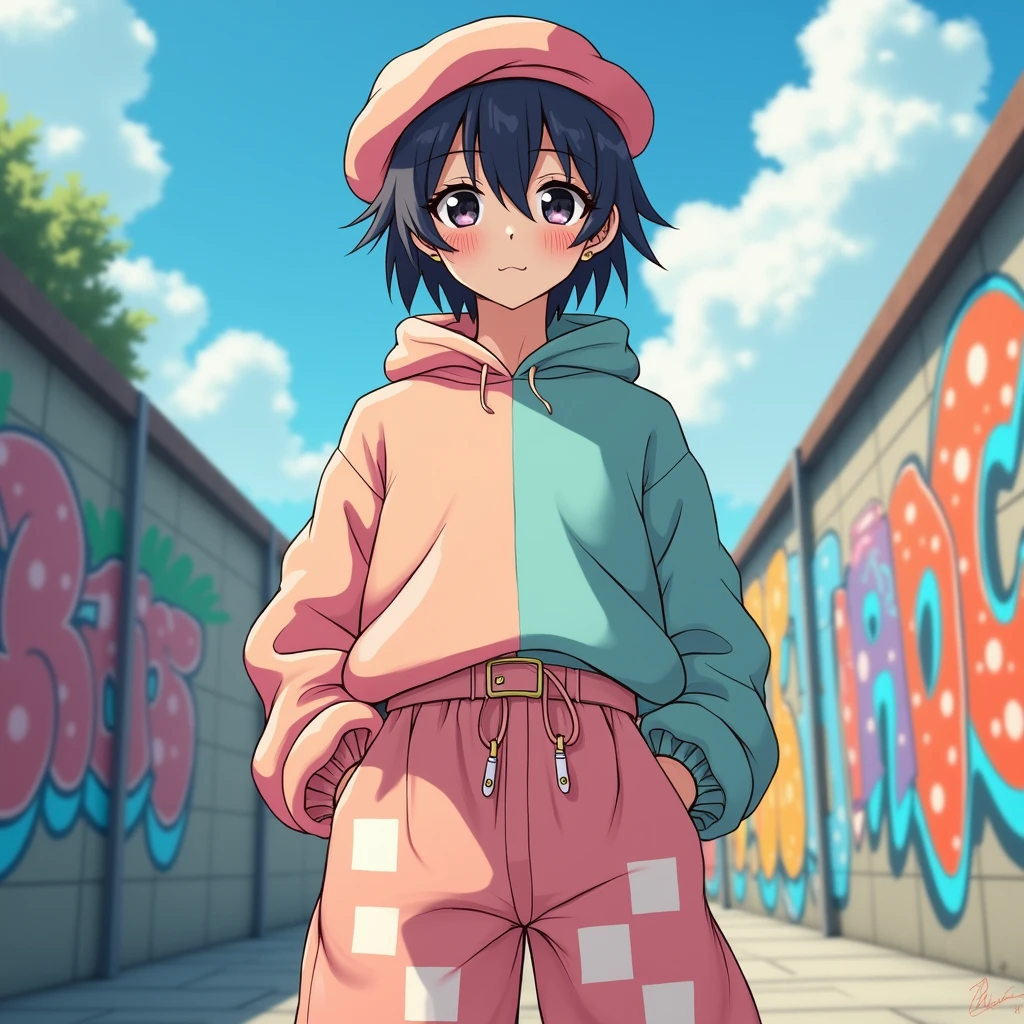 score_9, score_8_up, score_7_up, rating_explicit, source_anime, man, beret hat, pastel colors, Droopy hooded eyes, bicolor, puff pants, cheque