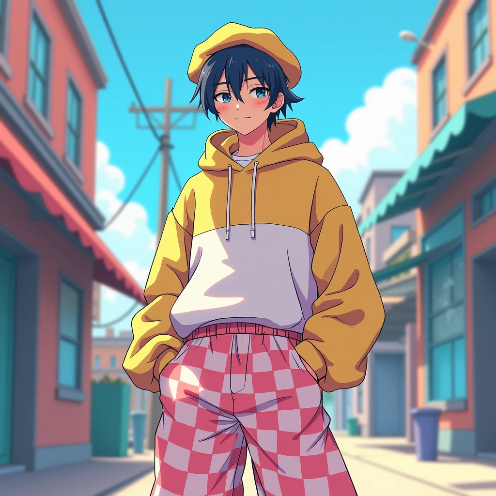 score_9, score_8_up, score_7_up, rating_explicit, source_anime, man, beret hat, pastel colors, Droopy hooded eyes, bicolor, puff pants, cheque