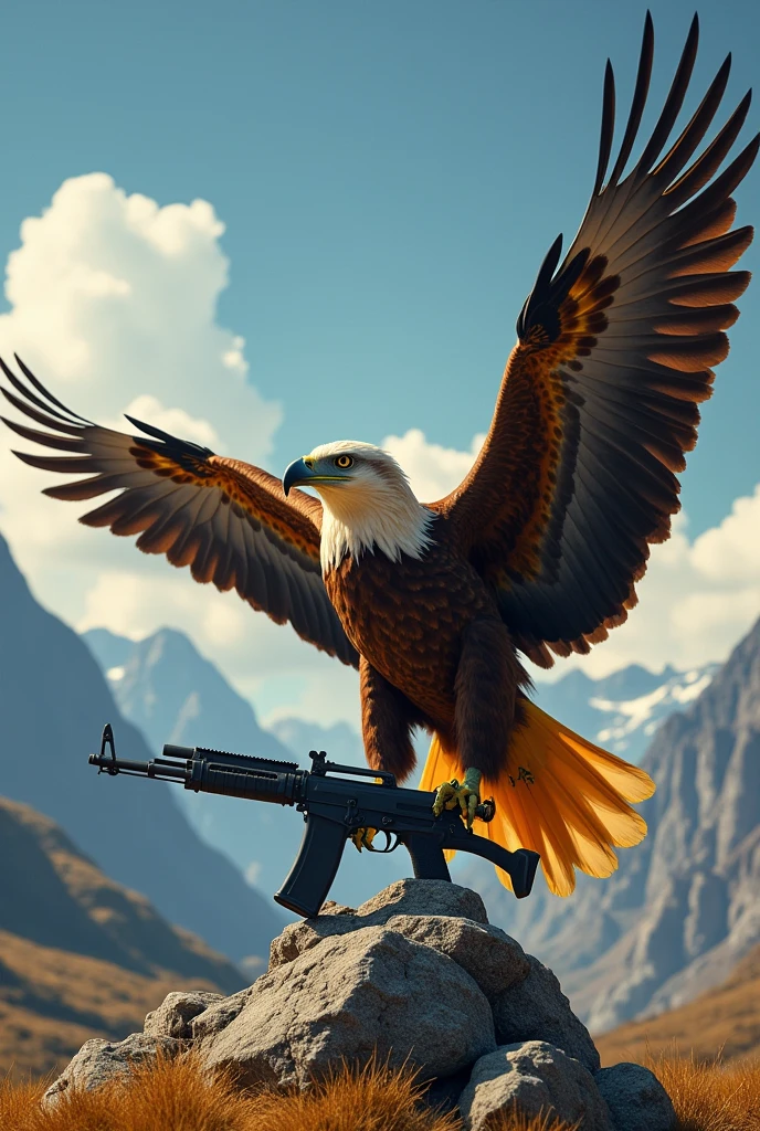 A eagle holding a. Gun
