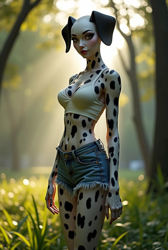 uploaded on e621,by hioshiru, by zaush, by Einshelm, solo anthro, ((Portrait)), BREAK, (detailed Bonifasko lighting), Nature Goddess, (Detailed fur), (detailed skin), BREAK, (Cinematic lighting), ((Detailed background)), (half body shadow), [Backlighting], [crepuscular ray], [Detailed ambient light], [gray natural lighting], [ambient light on the belly], (higher wildlife feral detail), [explict content], [sharp-focus], (Questionable content), (shaded), ((Masterpiece), furry fantasy art, anthro art, commission for high res, Furry art, Masterpiece, Best Quality, Detailed image, Bright colors, Detailed Face, perfect lighting, Perfect shadows, Perfect eyes, focus on girl, gorgeous body, Hourglass body, black and white skin, two toned markings, spots, 1girl, full body, (Masterpiece:1.2), (Best Quality:1.2), (illustartion:1.2), (Cinematic lighting:1.3), Detailed skin, Balanced coloring, Global Illumination, Ray Tracing, good lighting, female, ((dalmation)), (canine), anthro, showing hips, attractive body, sexy body, thick-thighs, Suggestive Pose, realistic hands, city park background, small breasts, skinny, digitigrade legs, paws, full body portrait, ((thin tail)), short fur, shy, blushing, ((floppy ears)), black ears, tank top, denim shorts