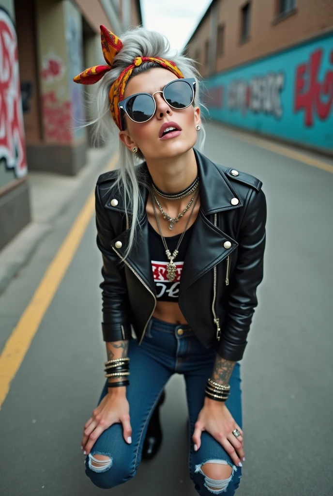 russian old milf woman, grey hair (top bun, shaved sides and fringe) and bandana as headband (big maxi sunglasses), with very light blue eyes, extremely pale. Wearing cropped black moto jacket with lots of zippers, cropped t-shirt with heavy metal band logo, dark blue jeans with holes and pointy Chelsea boots with cuban heels . Silicone breasts. Lots of metallic bracelets, long boho pendants and lots of ethnic collars. Tacky leather belt with oversized chanel buckle. Long earrings. Kneeling, looking at the camera, tilted head, eyes and mouth wide open in amazement. Hands fixing her hair, toned abdominals, thin legs and thin arms. Tattoed