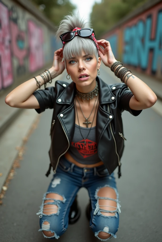 russian old milf woman, grey hair (top bun, shaved sides and fringe) and bandana as headband (big maxi sunglasses), with very light blue eyes, extremely pale. Wearing cropped black moto jacket with lots of zippers, cropped t-shirt with heavy metal band logo, dark blue jeans with holes and pointy Chelsea boots with cuban heels . Silicone breasts. Lots of metallic bracelets, long boho pendants and lots of ethnic collars. Tacky leather belt with oversized chanel buckle. Long earrings. Kneeling, looking at the camera, tilted head, eyes and mouth wide open in amazement. Hands fixing her hair, toned abdominals, thin legs and thin arms. Tattoed