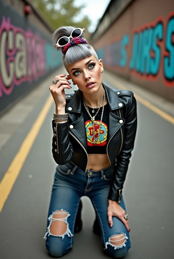 russian old milf woman, grey hair (top bun, shaved sides and fringe) and bandana as headband (big maxi sunglasses), with very light blue eyes, extremely pale. Wearing cropped black moto jacket with lots of zippers, cropped t-shirt with heavy metal band logo, dark blue jeans with holes and pointy Chelsea boots with cuban heels . Silicone breasts. Lots of metallic bracelets, long boho pendants and lots of ethnic collars. Tacky leather belt with oversized chanel buckle. Long earrings. Kneeling, looking at the camera, tilted head, eyes and mouth wide open in amazement. Hands fixing her hair, toned abdominals, thin legs and thin arms. Tattoed