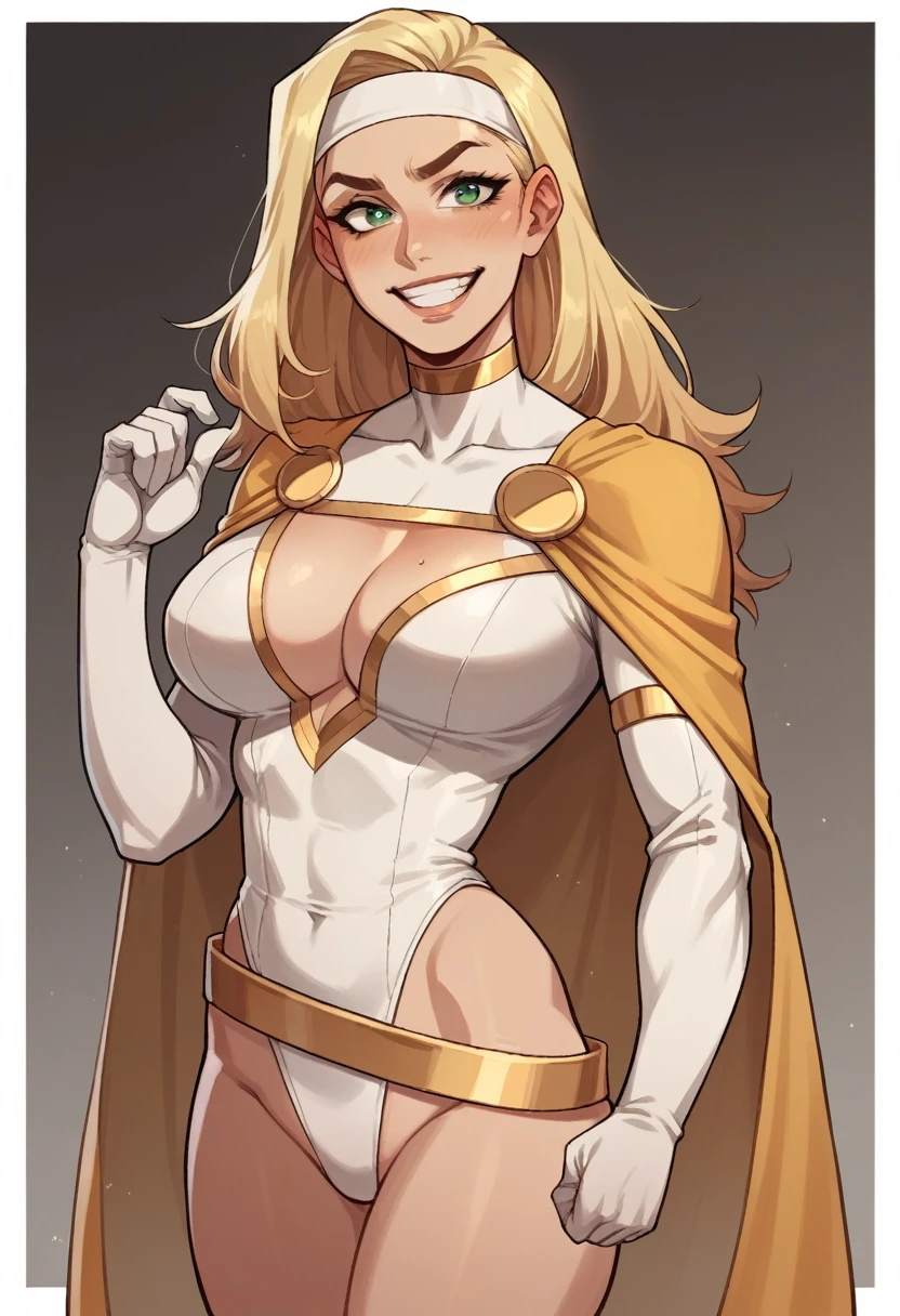 score_9, score_8_up, score_7_up, score_6_up, score_5_up, score_4_up, Sexy, Superheroine, blonde hair, green eyes, long hair, busty, ((White skimpy highleg leotard with a t-back thong)), gold belt, gold cape, thin white headband, cleavage cutout, grin, happy expression