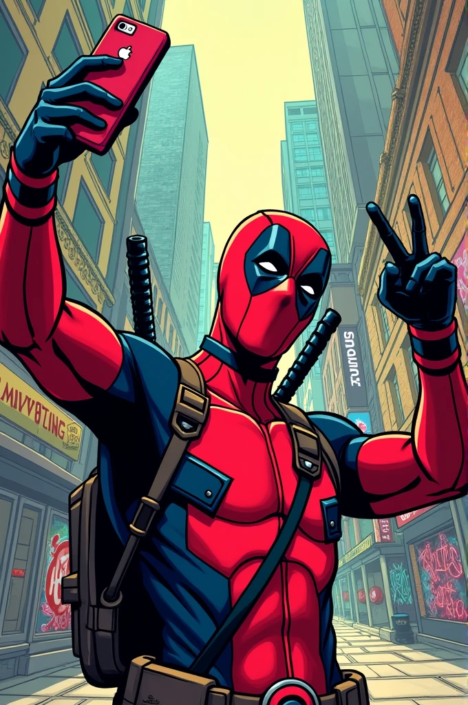 Deadpool a marvel character taking a selfie with show middle finger