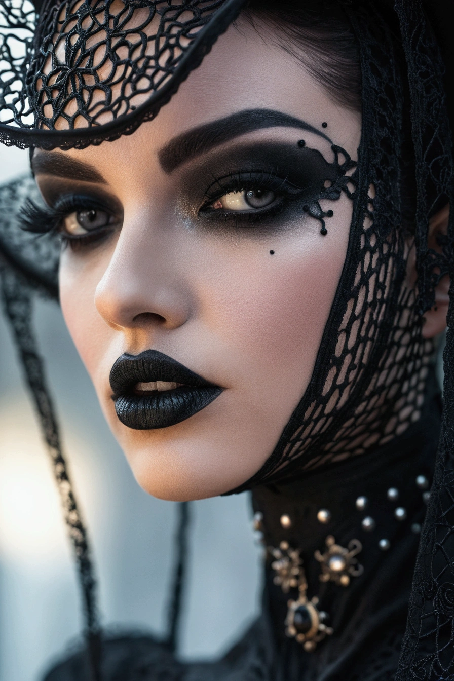 araffe woman with black makeup and black lace hat, dark make up on her face, dark makeup, goth makeup, intricate cyberpunk make - up, wearing goth makeup, gothic makeup, portrait of a dark fantasy nymph, gothic face, black makeup, inspired by Hedi Xandt, portrait of a dark witch, gothic girl face, beautiful cyberpunk girl face