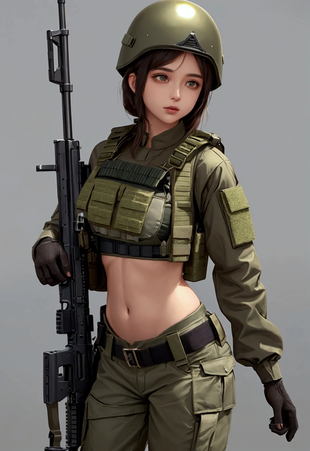 girl in crop top military bulletproof vest , military green cargo pants, belt, military helmet, tactical, (open navel), 