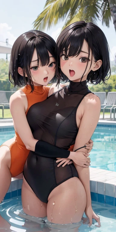 10 year old girl、Licking fingers、((your breasts will grow、))Black Hair、(See through)、your breasts will grow(Face with open mouth)Background Outdoor pool、(My body is soaked..5)、Wavy hair and super short bob hair、Realistically、(Two 10 year old girls hugging each other, your breasts will grow)((Gross 5.5))(She is wearing a sleeveless orange turtleneck swimsuit..)，，Accentuate your cleavage，Looking up from below，blush，moist pink lips，sexly，Own，Please open your mouth wide、Place your arms behind your head、