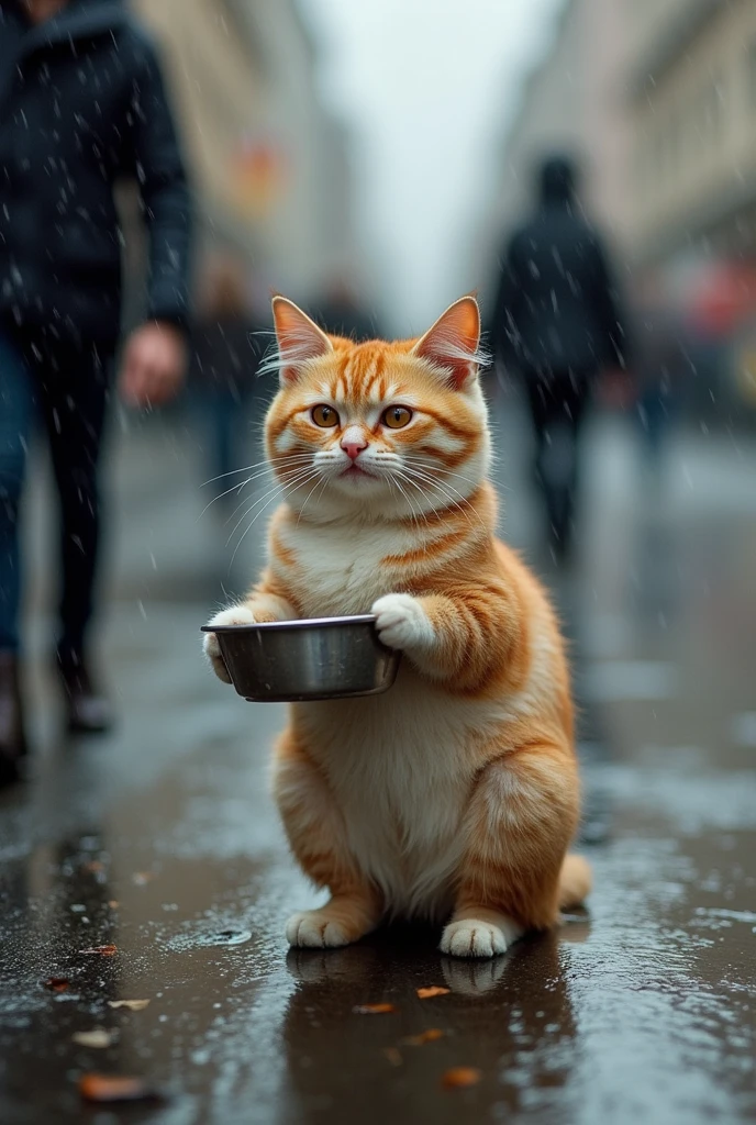 The roads in the city are raining heavily, and there is still rain on the camera. A small cat,Super obesity
soaked all over, with a deflated belly, standing on both feet in a personified form, holding a broken bowl and begging for help from pedestrians on the street. The cat does not need to look at the camera and is photographed facing pedestrians from the side. The background is unreal and blurry, highlighting the kitten,