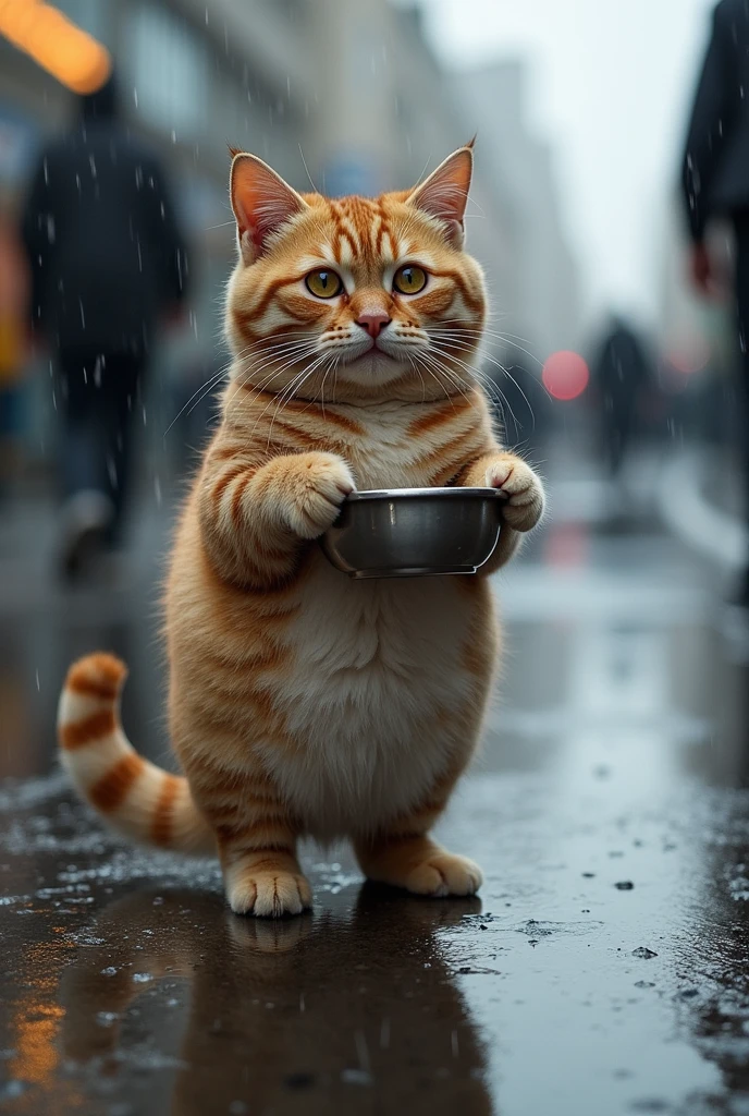 The roads in the city are raining heavily, and there is still rain on the camera. A small cat,Super obesity
 soaked all over, with a deflated belly, standing on both feet in a personified form, holding a broken bowl and begging for help from pedestrians on the street. The cat does not need to look at the camera and is photographed facing pedestrians from the side. The background is unreal and blurry, highlighting the kitten,