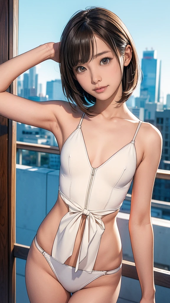 score_9, score_8_superior, score_7_superior, sauce_anime,
((9-year-old girl, Cute type)), (Very slim:1.5, Very thin waist:1.4), Thin arms, Brown eyes, Brown Hair, short hair, blush, blush stickers, smile, Big eyes, Droopy eyes:1.3. White Bra, White panties, 腕をsuperiorげる:1.4, Show your armpits:1.4, Outdoor, Cityscape,
View your viewers, Cowboy Shot, To NFSW:1.6