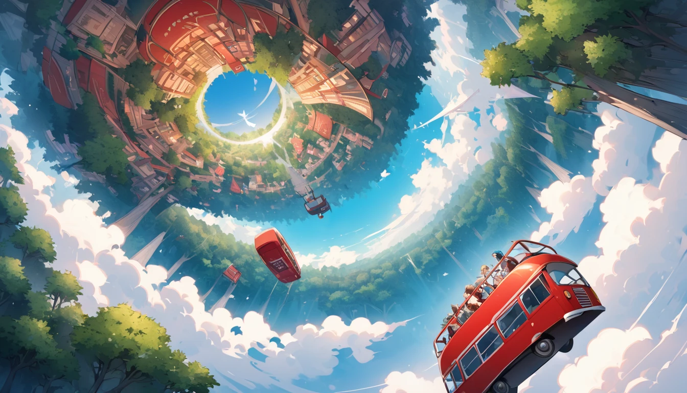 fantasy word, red bus flying in the sky, the beautiful forest below, beautful backround, top view, flying very high in the sky