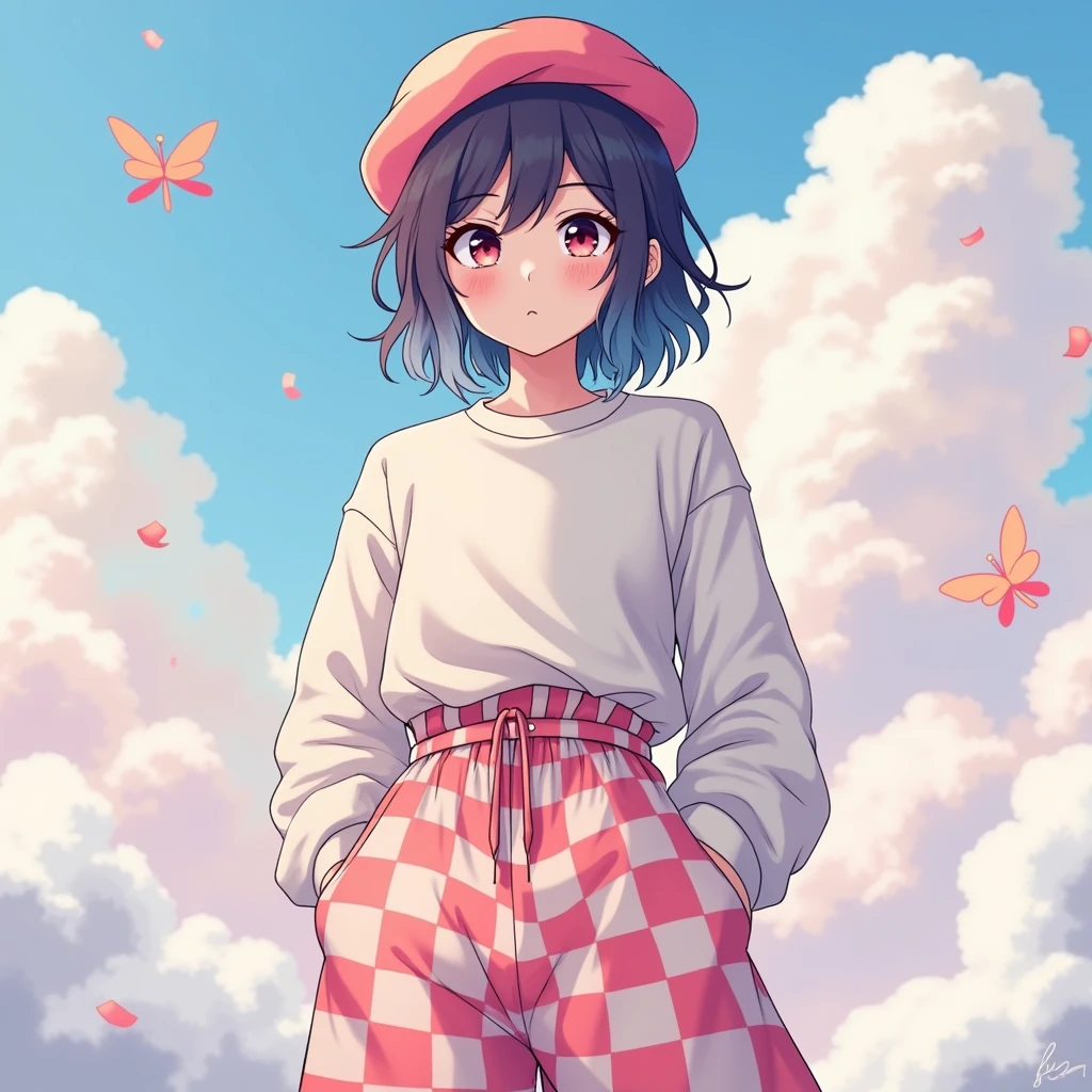 score_9, score_8_up, score_7_up, rating_explicit, source_anime, man, beret hat, pastel colors, Droopy hooded eyes, bicolor, puff pants, cheque