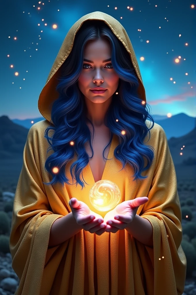 brunette woman. Black hair highlighted with blue. Dressed in golden hood, a magician carries magic in her hands from which colorful rays come out