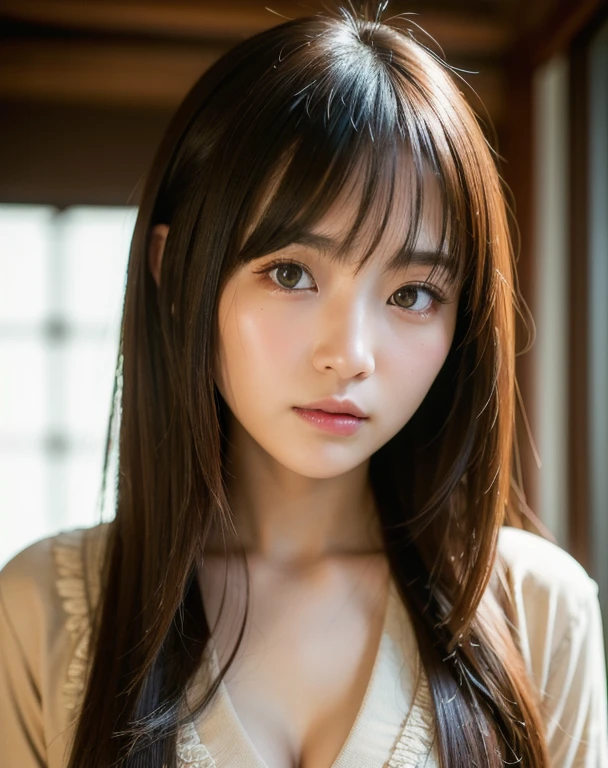 best quality, Face Focus, Soft Light, Ultra-high resolution, (Reality:1.4), RAW photos,
1japanese girl, Solitary, Lovely, (pupil, Light in Eyes), Detailed beautiful face, (Small chest),(High-resolution details of human skin texture),
(Long hair),
indoor,
Brocade shirt dress,
(portrait)