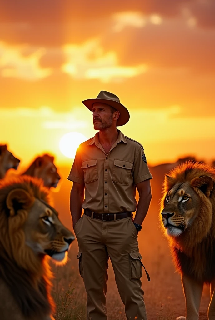 A man standing with many lions