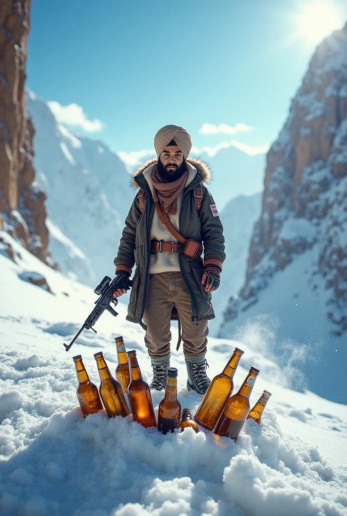 Sardaar boy at top of snowy mountain with large amount of alcohols bottle behind him thrown and having a Gun in his hand and waist