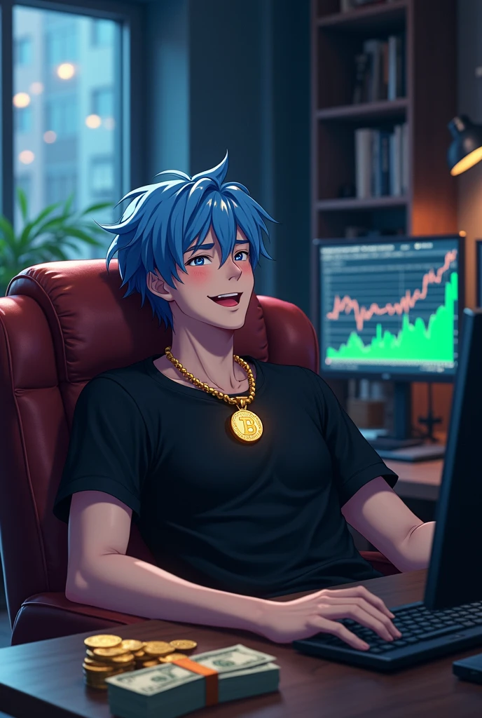 A 20 years white anime boy with happy smile sitting on a Comfortable chair comfortably with bitcoin chain gold chain, black shirt and looks in front with well furnished dark room, computer left,behind, and right side with the view of trading chart and many doller and coins on the table.