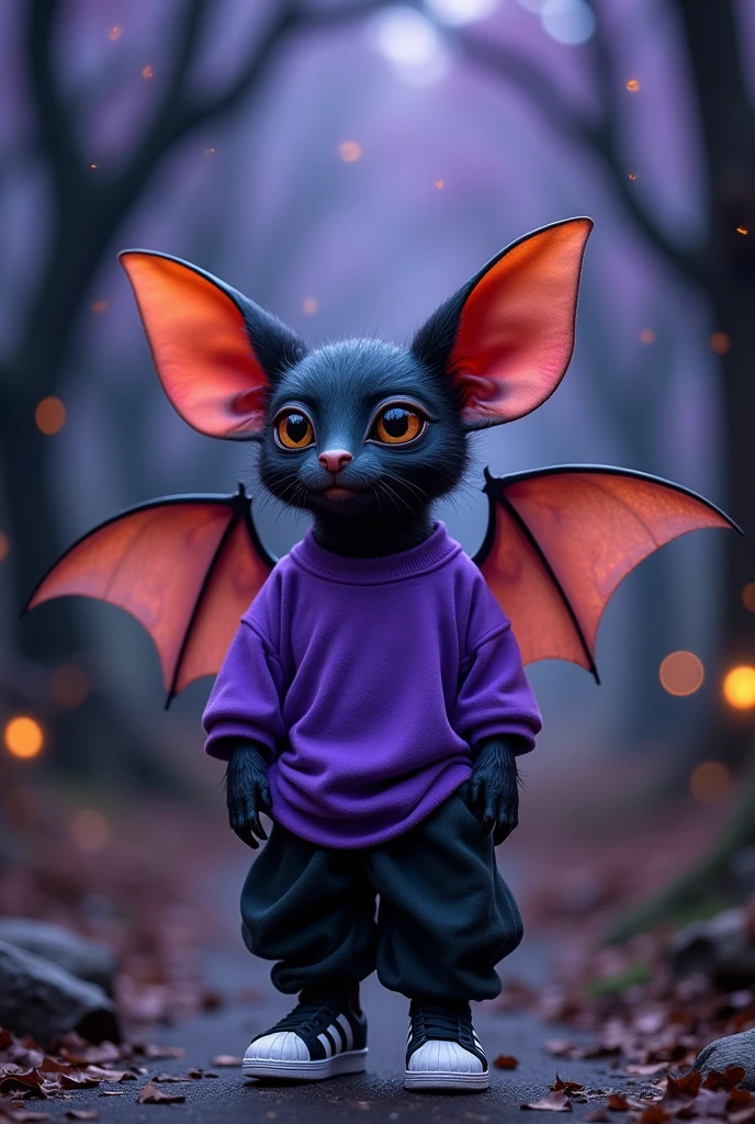 Bat wearing a purple shirt, baggy pants and black Adidas superstar shoes 