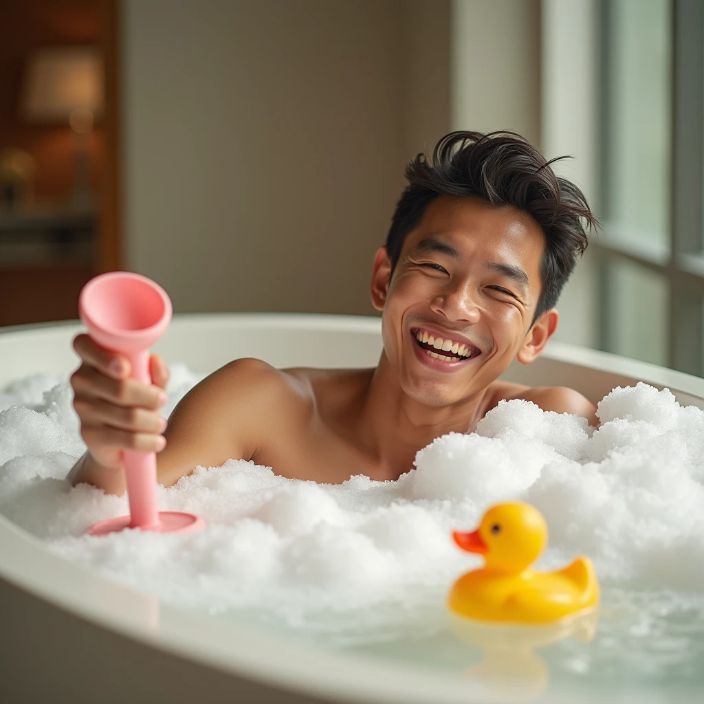 original photo. A young Indonesian man with a laughing expression holding a round pink bath ladle lies on a luxury hotel bathroom bed filled with soapy water full of foam and a toy duck. Ultra-realistic 8K photo, taken with Leica Q2, strong color contrast and sharp clarity --ar 9:16 --quality 2 --