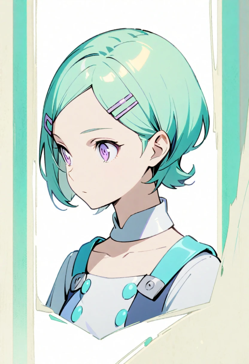 Portrait of a girl,eureka, short hair, long sleeves, dress, purple eyes, boots, hairclip, aqua hair, thigh strap, white footwear、Full body portrait,