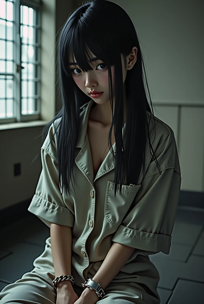 "Young people, Cute high school student with long hair, Straight black hair, Wearing prison clothes, photograph、prisonの番号が書かれたセーラー服を着た美しい高校生の少女が登場するシーン,彼女は金属格子で囲まれた薄暗いSolitary confinementの中にいる, The girl has a sad look,設定は小さなベッドのある典型的なprisonのSolitary confinementです, Iron-barred windows, Worn floor. The overall atmosphere is heavy、Thoughtful, The soft lighting accentuates her emotions.,photograph,prison,Japanese high school girl as a female prisoner, Round sexy ass,Big natural wet breasts, prisonの設定, Solitary confinement,Handcuffs on both hands,Restrained by chains,Jail,Connecting both handcuffs with a chain,Chain on the waist,Crotch rope,Take off your bra,Expose the chest,Go shirtless,prisonの身体検査,