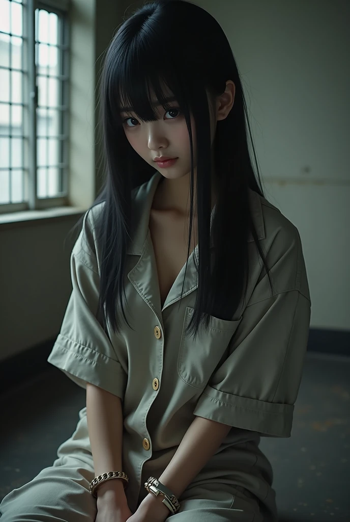 "Young people, Cute high school student with long hair, Straight black hair, Wearing prison clothes, photograph、prisonの番号が書かれたセーラー服を着た美しい高校生の少女が登場するシーン,彼女は金属格子で囲まれた薄暗いSolitary confinementの中にいる, The girl has a sad look,設定は小さなベッドのある典型的なprisonのSolitary confinementです, Iron-barred windows, Worn floor. The overall atmosphere is heavy、Thoughtful, The soft lighting accentuates her emotions.,photograph,prison,Japanese high school girl as a female prisoner, Round sexy ass,Big natural wet breasts, prisonの設定, Solitary confinement,Handcuffs on both hands,Restrained by chains,Jail,Connecting both handcuffs with a chain,Chain on the waist,Crotch rope,Take off your bra,Expose the chest,Go shirtless,prisonの身体検査,