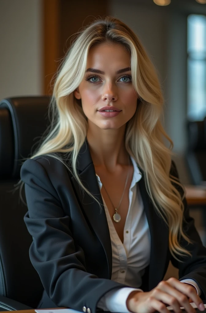 a beautiful girl with long blonde hair, detailed eyes, nose, and lips, wearing professional outfit, siting in her office, using her computer, hp comuter (best quality,4k,8k,highres,masterpiece:1.2),ultra-detailed,(realistic,photorealistic,photo-realistic:1.37),HDR,studio lighting,extremely detailed face and body, portrait,cinematic lighting,dramatic lighting,warm color tones,dramatic colors