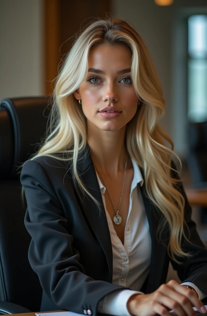 a beautiful girl with long blonde hair, detailed eyes, nose, and lips, wearing professional outfit, siting in her office, using her computer, hp comuter (best quality,4k,8k,highres,masterpiece:1.2),ultra-detailed,(realistic,photorealistic,photo-realistic:1.37),HDR,studio lighting,extremely detailed face and body, portrait,cinematic lighting,dramatic lighting,warm color tones,dramatic colors