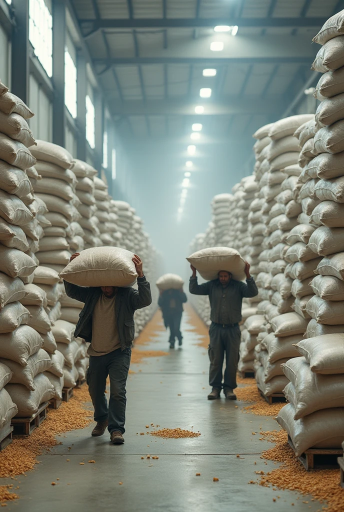 Généré une image d'un grand magasin de couleur blanche ou est stocké des piles des stocks en sacs, avec des dockers en habille déchiré en train de prendre de prendre des sacs sur leur tête, with an analog scale next to it where the bags are weighed, with a little millet grain on the ground
