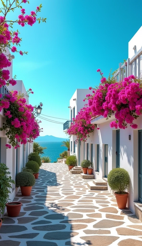 Let your imagination run wild with a Mykonos landscape that is both unique and diverse, featuring a stunning blue sky that is the perfect backdrop for the island's iconic white buildings and winding streets.