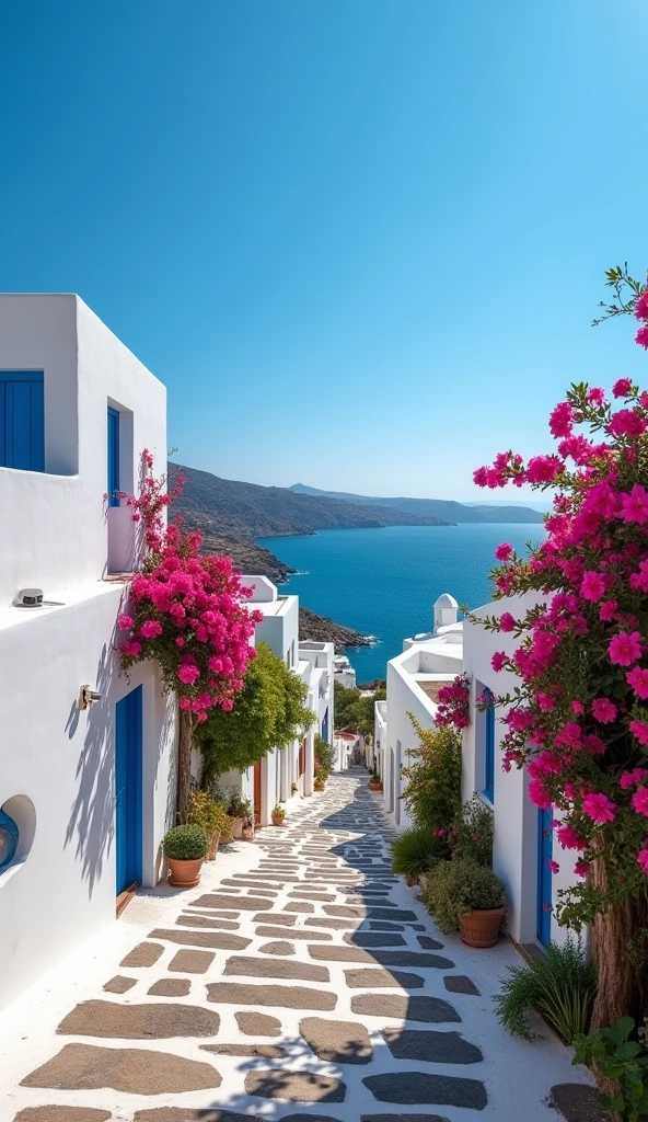 Let your imagination run wild with a Mykonos landscape that is both unique and diverse, featuring a stunning blue sky that is the perfect backdrop for the island's iconic white buildings and winding streets.