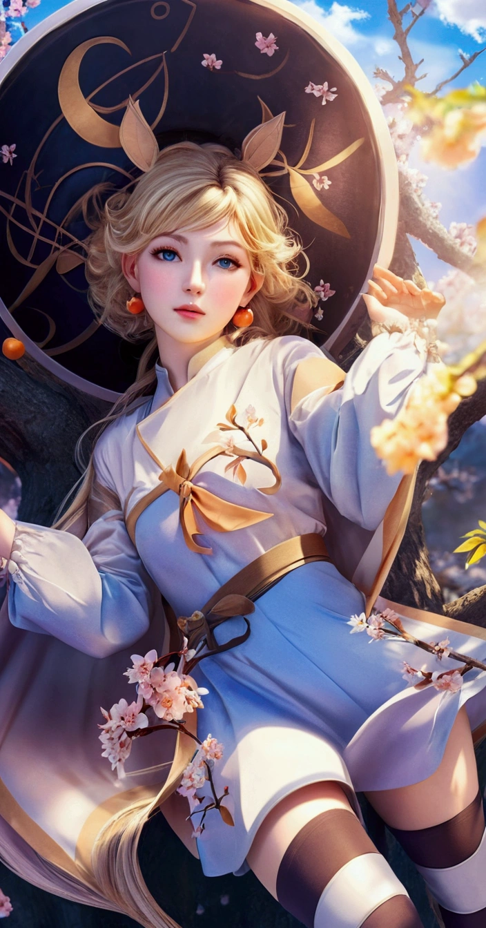 Woman 15 old, beautiful face, perfect face, , Masterpiece, best quality, orange eyes, blonde hair, (very detailed CG unity 8k wallpaper) (best quality), Vibrant colors, natural beauty, peaceful oasis , cherry tree, blue sky ray tracing, super detailed --v6, very realistic, hyper realistic, very detailed.