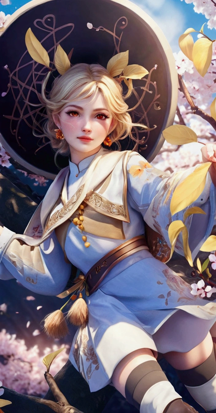 Woman 15 old, beautiful face, perfect face, , Masterpiece, best quality, orange eyes, blonde hair, (very detailed CG unity 8k wallpaper) (best quality), Vibrant colors, natural beauty, peaceful oasis , cherry tree, blue sky ray tracing, super detailed --v6, very realistic, hyper realistic, very detailed.