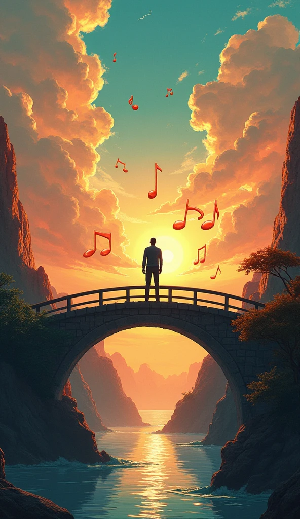 there is a man standing on a bridge with musical notes, arte digital elaborada, beautiful digital artwork, music being played, music not ar, cyril rolando and m.w kaluta, cyril rolando and m. w kaluta, digital art fantasy, by Cirilo Rolando, a beautiful art illustration, inspiring digital art, beautiful digital art