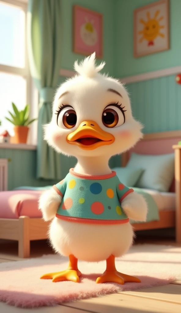 Perfect centering, Looking at the camera, a close up 2/3 of a cartoon duck wearing a shirt, 3 d animation demo reel, 3d animation, 3 d animation, 3 d animated movie, 3d animated, 3 d animated, tv commercial, clay animation, cgi animation, cute! c4d, cute 3 d render, pixar 3 d animation style, in a bedroom 4 k, 3 d cartoon