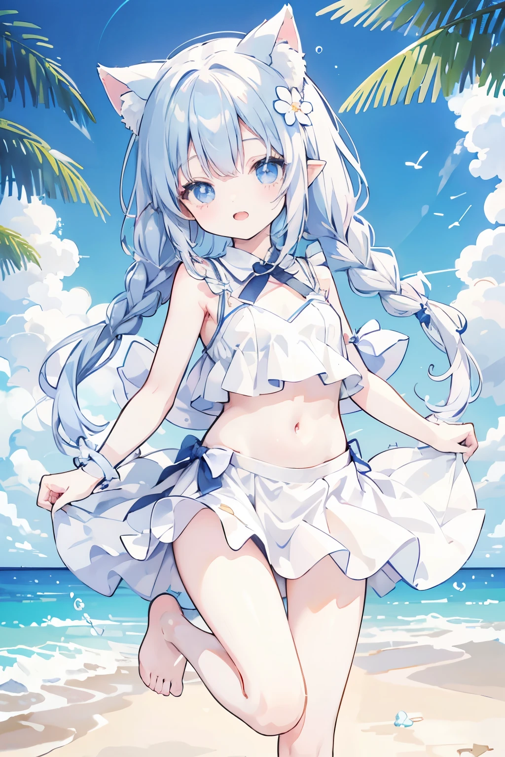 anime、pastel、Very young、child、6 years old、Very short、Open your mouth、Laugh out loud、Showing teeth、Double teeth、pastelホワイトの髪、Stray hair、Braided Short、Flower Hair Ornaments、fluffy ears、Dropped ears、Fluffy tail、azure blue eyes、Odd Eye、Cute eyes、Wide open eyes、Light in your eyes、Cheeky cheeks、Slender body、Light clothing、White dress、Put your arm out、Thighs、Outdoor、Cute Girlfriend、happy、Frolic innocently、stomach、barefoot、beach