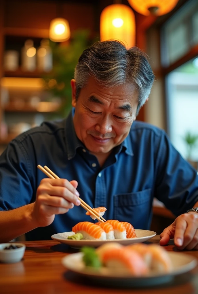 Create me a picture with a Chinese man eating sushi