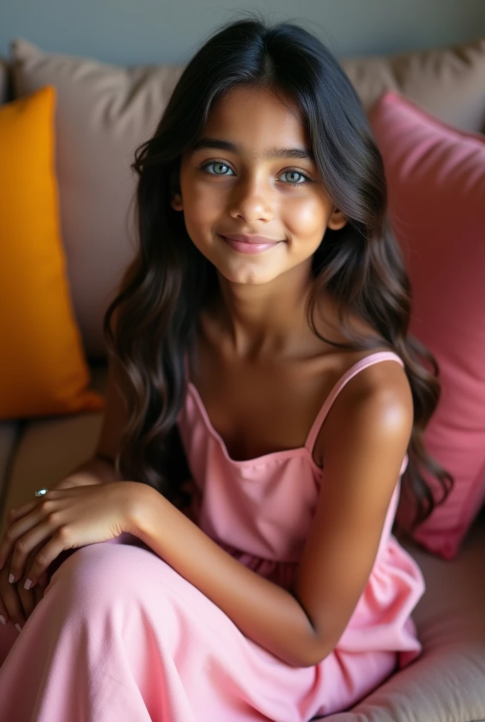 Create a natural 16 year old girl beautyful Indian girl she wearing a Indian pink palazzo her eyes are light blue colour and her hear is strait and she sitting in the sofa