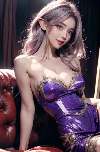 purple dress, smile, open wide arms, spread leg, adult, 1 girl, slut, slutty elf, toned skin, anime, sitting on couch, look at viewer, (light purple hair), straight hair, face-to-face, best quality, highres, 8k, masterpiece, anatomically correct, super detail, textured skin, diamond face shape, so huge breast, fit body, beautiful, erect nipples, fantasy, anime style, anime painting, shy, timid, virgin