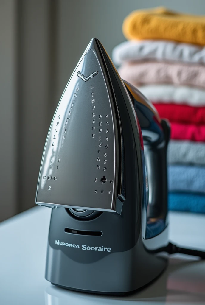 Modern iron in mirror grey with writing on the FRONT that says HITACHI