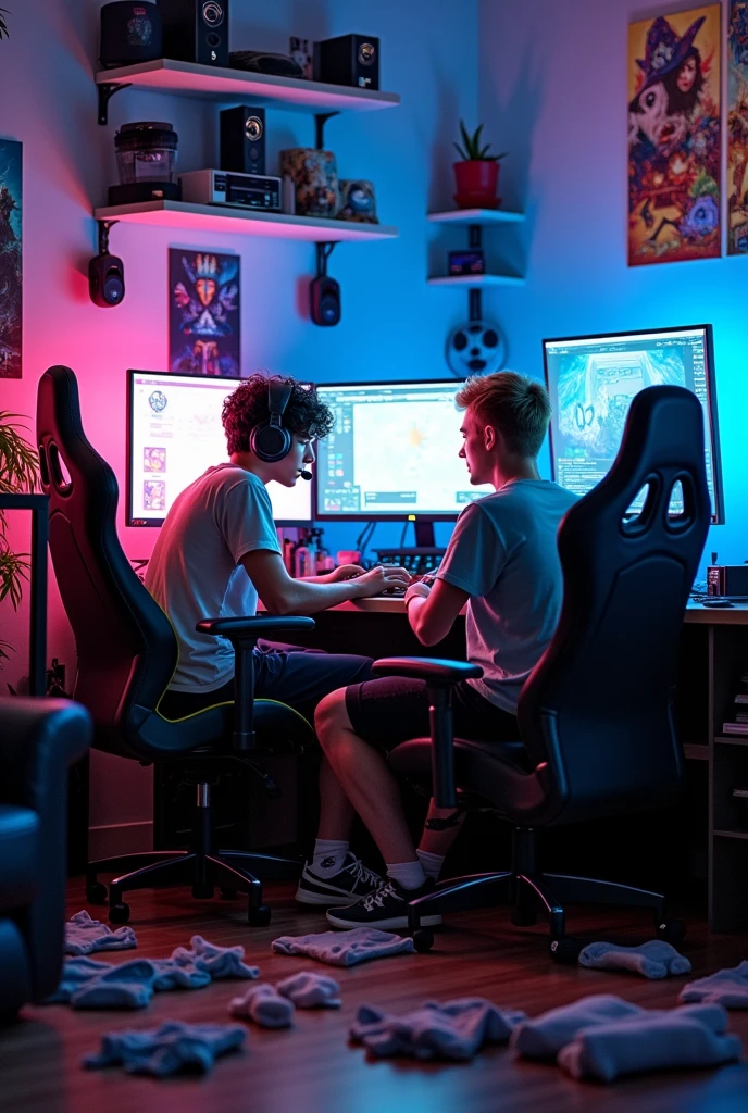 Scenario: A gamer&#39;s room with three monitors, a powerful PC, and several gaming chairs. The environment should feel relaxed and a little messy., with several pairs of underwear scattered across the floor and some even on top of chairs.Personagens: Two friends, one with black hair and the other with dark blonde hair. They are focused on playing on their monitors, with expressions of enthusiasm or concentration.detaileds: Friends should be in comfortable gaming chairs and the room can have gamer decor., like game posters and maybe some game related accessories. The scattered underwear must be visible, creating a contrast with the game environment.